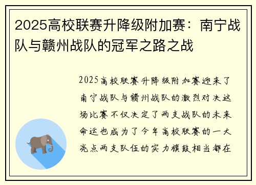 2025高校联赛升降级附加赛：南宁战队与赣州战队的冠军之路之战